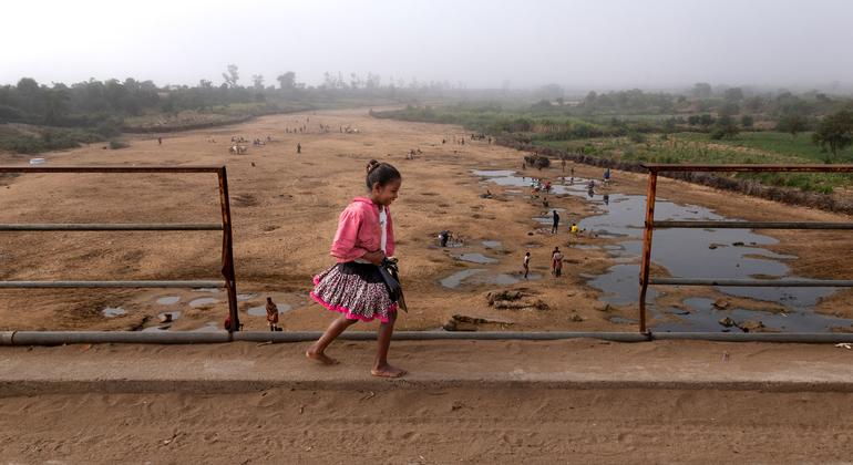 On a misty morning, the Manabovo river is completely dry, the inhabitants are gathering on its bed to dig holes in the hope to find water.