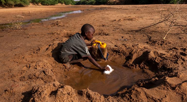 A young boy collects what little water he can from a dried up river due to severe drought in Dollow, Somalia.