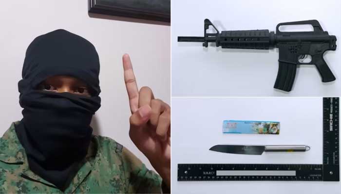 Photo of student arrested in Singapore, August 2022 The student bought this sharp knife and toy gun.  (Photo courtesy of Internal Security Department Singapore)