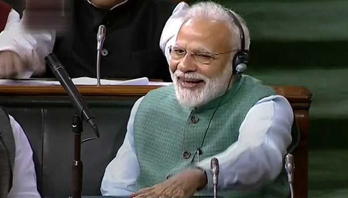 How many times did Indian Prime Minister Narendra Modi ring the desk during the budget speech? Photo, screen grab