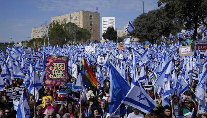 Demonstration of more than 90 thousand Israelis against judicial reforms Thousands of people are participating in the protest, courtesy of Twitter