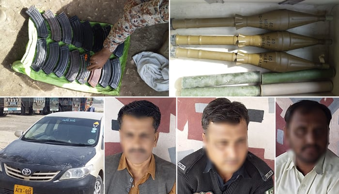 Heavy weapons recovered from 3 persons including CTD officer 3 accused including CTD officer arrested in Jacobabad and weapons and vehicle recovered from them