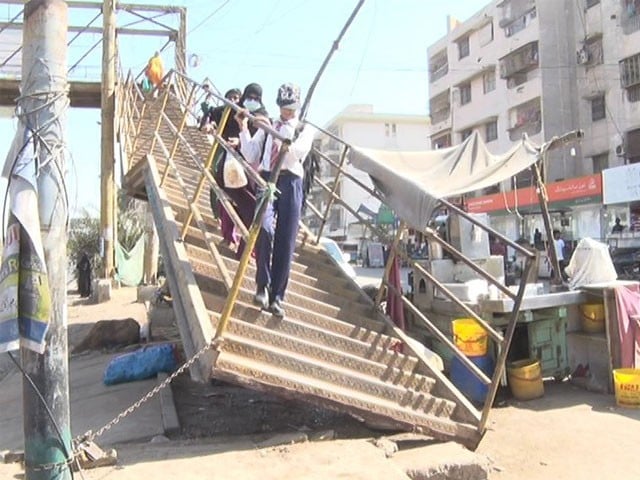 The Pedestrian Bridge was hit by a truck last night, shaking its foundations and causing a part of the bridge to become crooked.