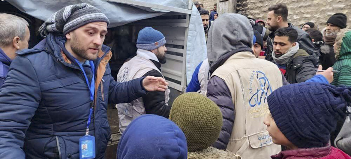 Food is distributed to people displaced after the earthquake in Aleppo, Syria. Food is distributed to people displaced after the earthquake in Aleppo, Syria.