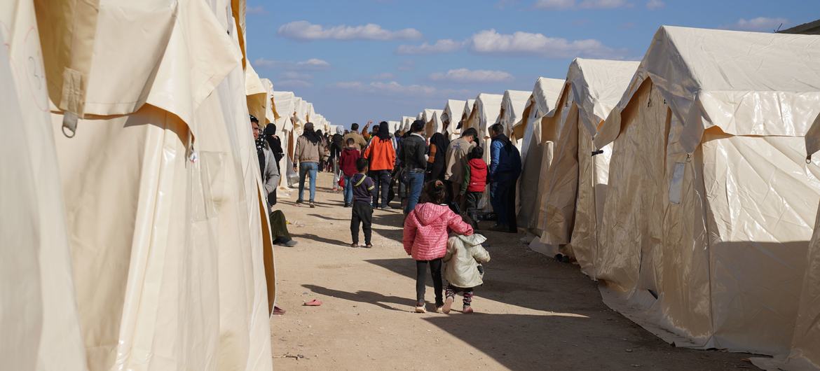 Families displaced by the earthquake are temporarily being accommodated in tents in Aziz, Syria. Families displaced by the earthquake are temporarily being accommodated in tents in Aziz, Syria.
