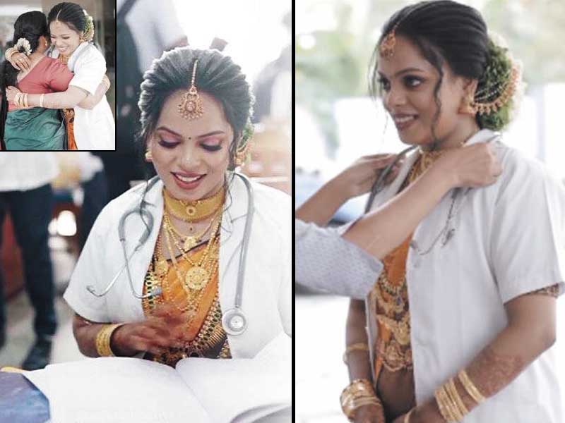 Dressed in a wedding sari, the bride arrives at the college with a stethoscope