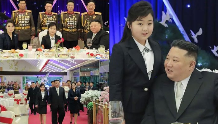 Kim Jong-un arrives at the military ceremony with his daughter and wife