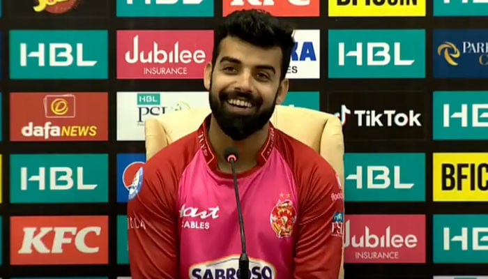 Shadab jokes with journalists at the press conference