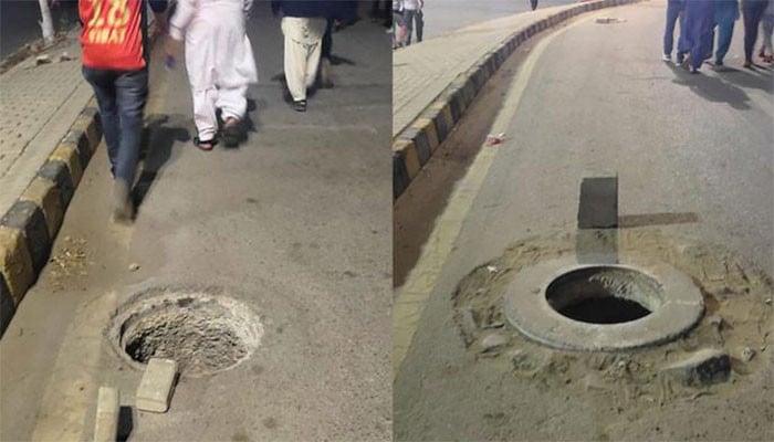 The former PTI MPA shared pictures of open manholes outside the National Stadium