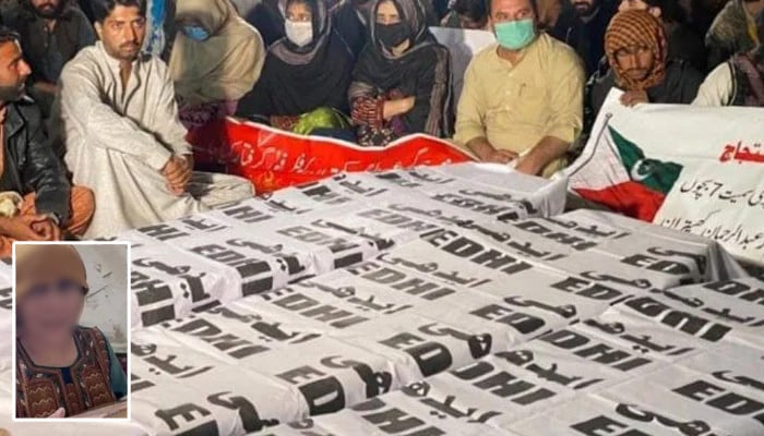 The sit-in with the dead bodies against the Barkhan incident continues for the second day as well