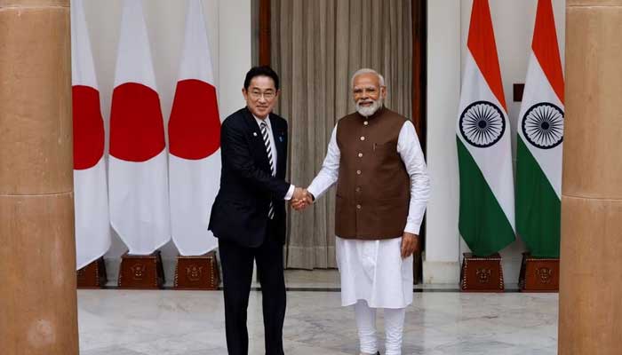 Japan will invest 75 billion dollars in Indo-Pacific countries by 2030 March 20, 2023: Prime Minister of Japan shaking hands with his Indian counterpart in New Delhi.