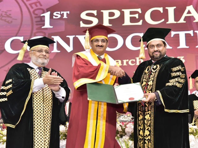 Awarding of doctorate degree to Sindh Chief Minister Murad Ali Shah Photo Twitter Governor Sindh Kamran Tesori