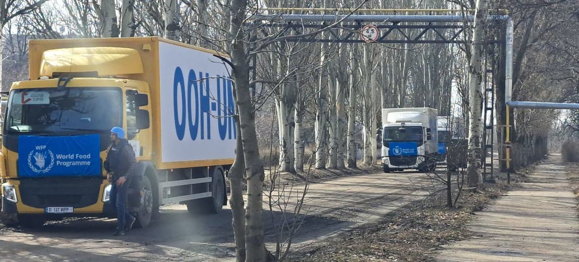 A UN convoy carrying aid supplies approaches Chasiv Yar, in the Donetsk region of Ukraine. A UN convoy carrying aid supplies approaches Chasiv Yar, in the Donetsk region of Ukraine.