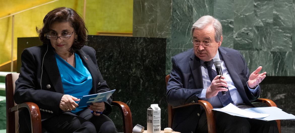 UN Secretary-General António Guterres (right) speaks during a Town Hall meeting with Civil Society moderated by Sima Sami Bahous (left), Executive Director of UN-Women. UN Secretary-General António Guterres (right) speaks during a Town Hall meeting with Civil Society moderated by Sima Sami Bahous (left), Executive Director of UN-Women.
