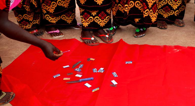 Circumisers hand in implements, during a ceremony calling for an end to female genital mutilation (FGM) in The Gambia (file). Circumisers hand in implements, during a ceremony calling for an end to female genital mutilation (FGM) in The Gambia (file).