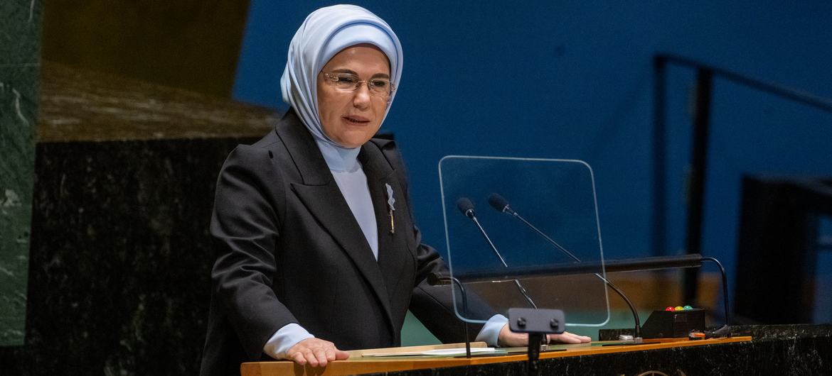 Emine Erdoğan, First Lady of the Republic of Türkiye, addresses the high-level meeting of the General Assembly on the role of zero waste as a transformative solution in achieving the Sustainable Development Goals.