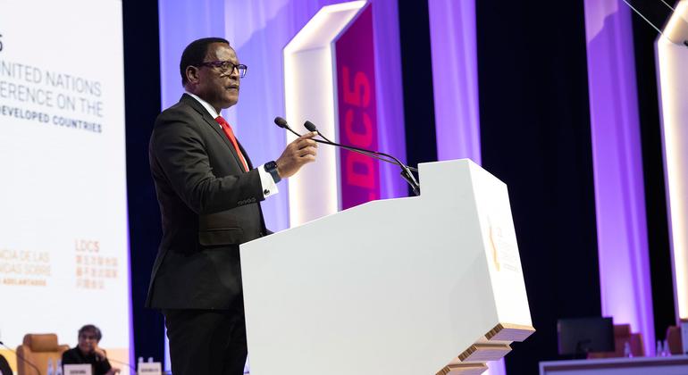 Lazarus McCarthy Chakwera, President of Malawi, Chair of the LDC Group, delivers opening remarks at the Summit of the Leaders of the Least Developed Countries, in Doha Qatar. Lazarus McCarthy Chakwera, President of Malawi, Chair of the LDC Group, delivers opening remarks at the Summit of the Leaders of the Least Developed Countries, in Doha Qatar.
