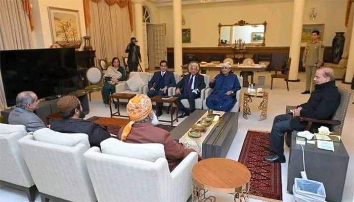 Asif Zardari and Maulana Fazlur Rehman meeting with Shehbaz Sharif, discussing the date of election