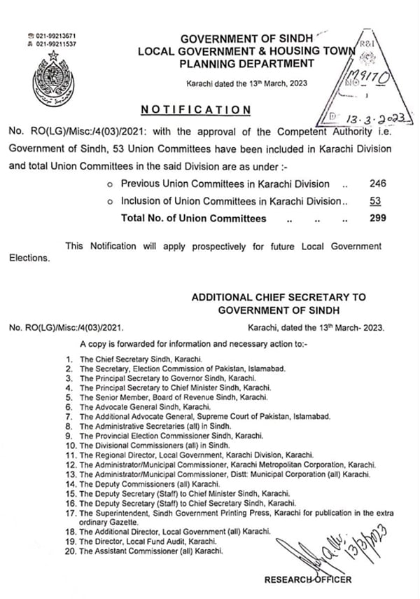 Sindh Government has added 53 Union Councils in Karachi