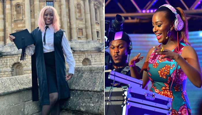 Female DJ's gift of 100,000 pounds to African students at Oxford University Right DJ Kapi playing music, left after completing her Masters from Oxford University.
