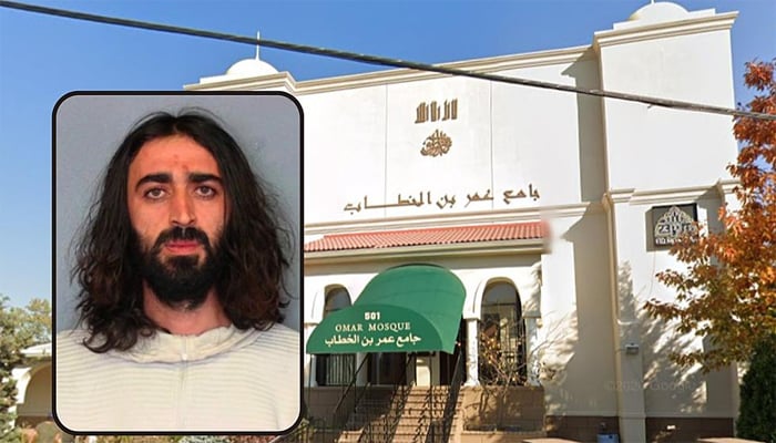 Umar bin Al-Khattab Mosque in Passaic County, New Jersey, USA, where the imam was attacked with a knife during prayer - the small picture is of the accused - photos courtesy of foreign media