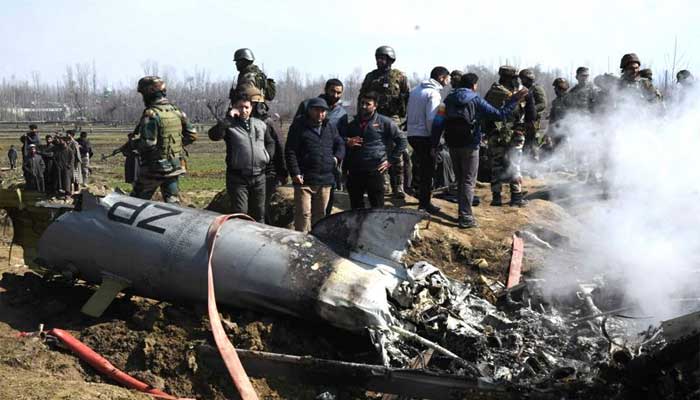 Indian Air Force officer court martialed for shooting down his own helicopter The helicopter was destroyed after being hit by its own air defense missile on February 27, 2019. Air Force and other security officials are pictured around the wreckage.