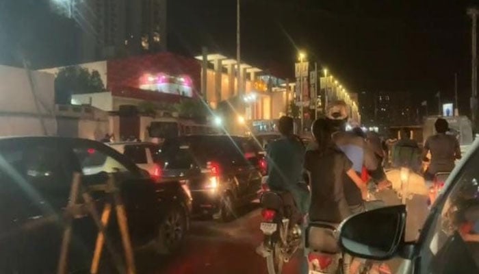 A stampede broke out after a fire alarm went off in a shopping mall in Federal B Area, Karachi War Photo