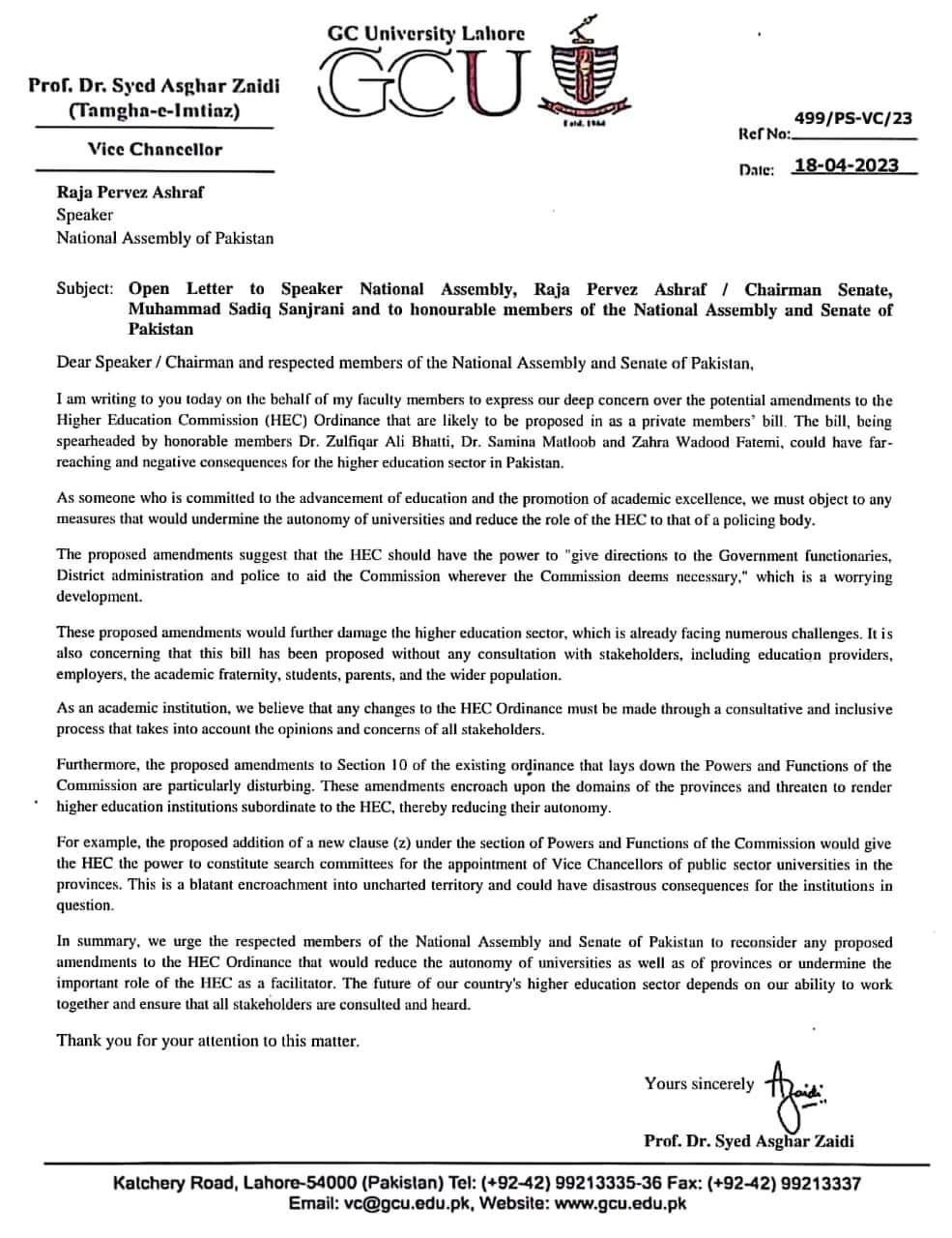 An open letter from the Vice Chancellor of GC University Lahore to the Speaker National Assembly, Chairman Senate