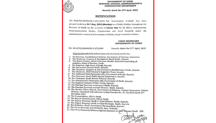 Public holiday notification issued on May 1