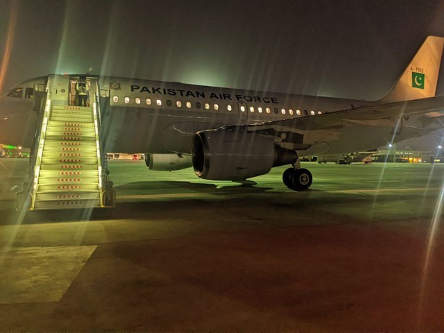 A Pakistan Air Force plane carrying 140 more Pakistanis arrived in Karachi from Sudan Photo: Express