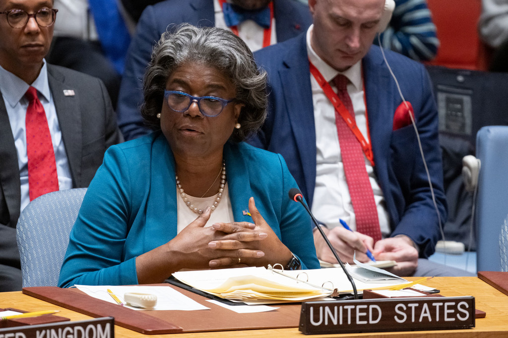 Ambassador Linda Thomas-Greenfield of the United States addresses the UN Security Council meeting on maintenance of international peace and security.