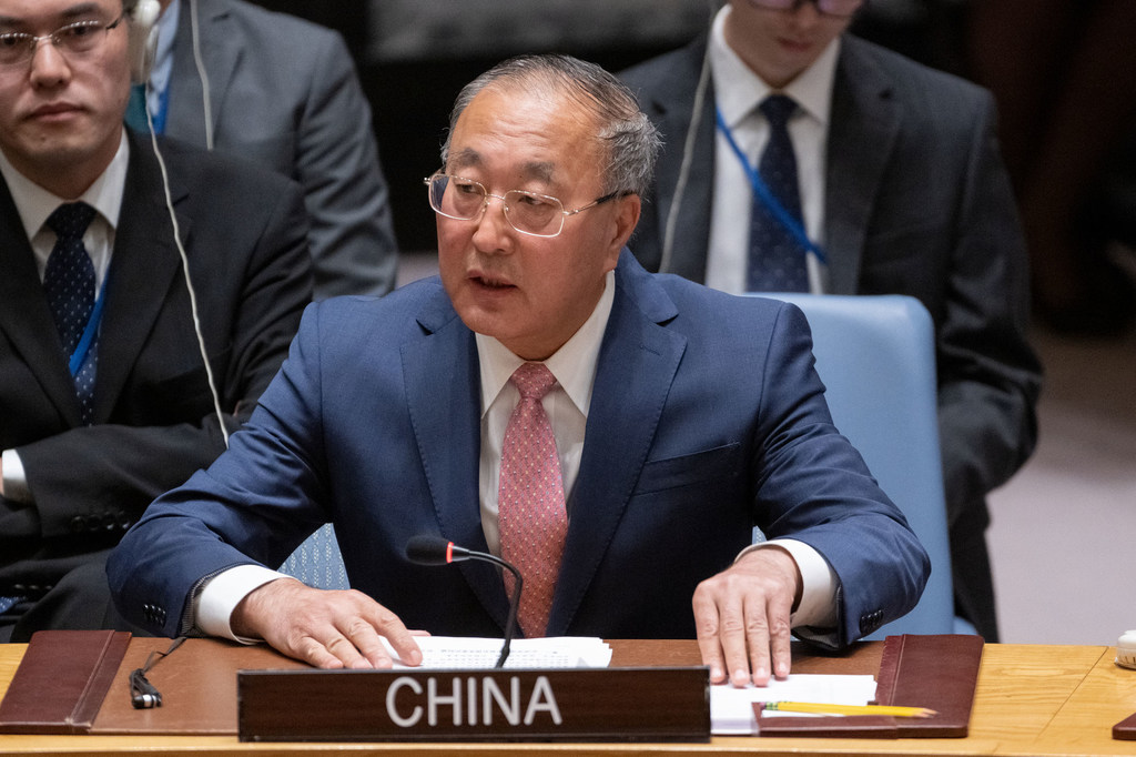 Ambassador Zhang Jun of China addresses the UN Security Council meeting on maintenance of international peace and security.