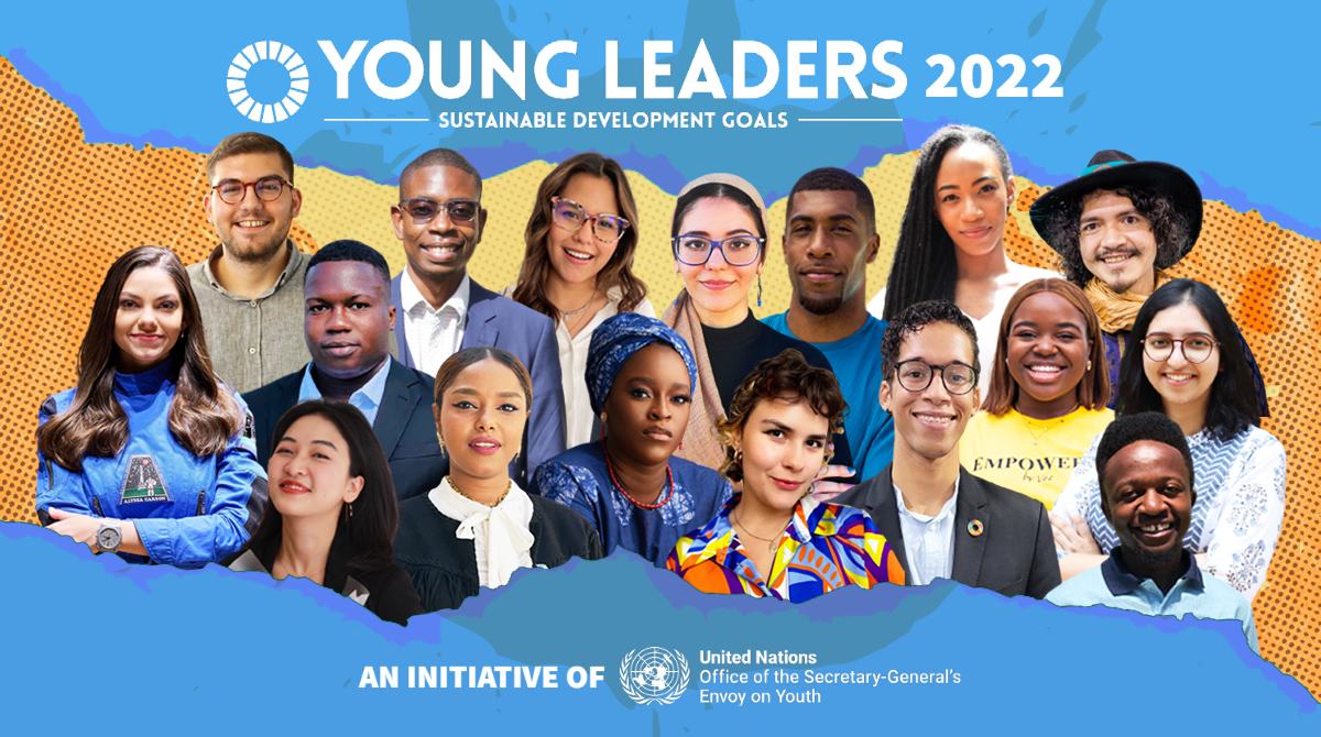 Collage of the 2022 cohort of the 17 Young Leaders for the Sustainable Development Goals.