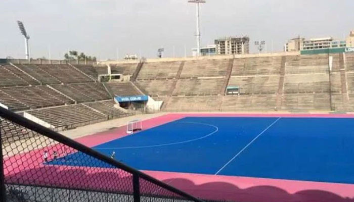 The work of laying new synthetic turf in National Hockey Stadium Lahore has started