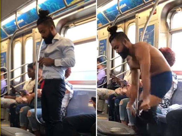 United States;  In the moving train, the passenger became half-naked and started bathing in front of everyone