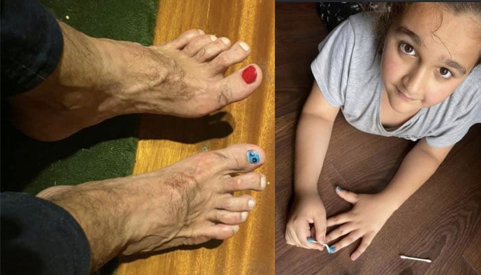 Daughter applied nail polish on Shaan Shahid's feet Collage courtesy of Twitter