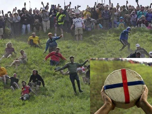 A cheese ball rolling hill competition is being held again in the UK Many people fall and get injured while chasing the cheese ball. Photo: BBC