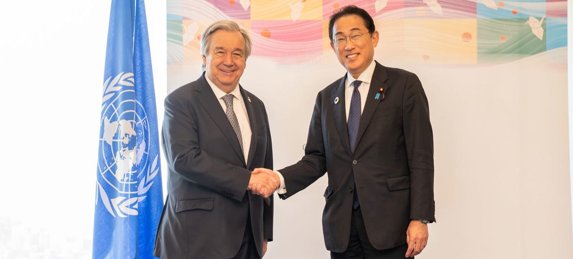 United Nations Secretary-General António Guterres meets with Fumio Kishida, the Prime Minister of Japan, at the G7 Hiroshima Summit 2023.