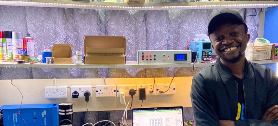 Gibson Kawago, a member of UN Young Leaders class of 2022 from Tanzania standing in his workshop where he makes battery powered products from recycled lithium-ion batteries Gibson Kawago, a member of UN Young Leaders class of 2022 from Tanzania standing in his workshop where he makes battery powered products from recycled lithium-ion batteries