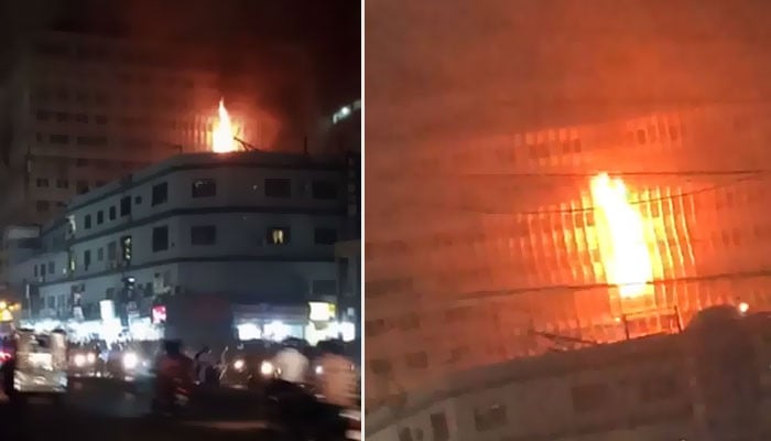 A fire broke out in a multi-storied business building on MA Jinnah Road in Karachi