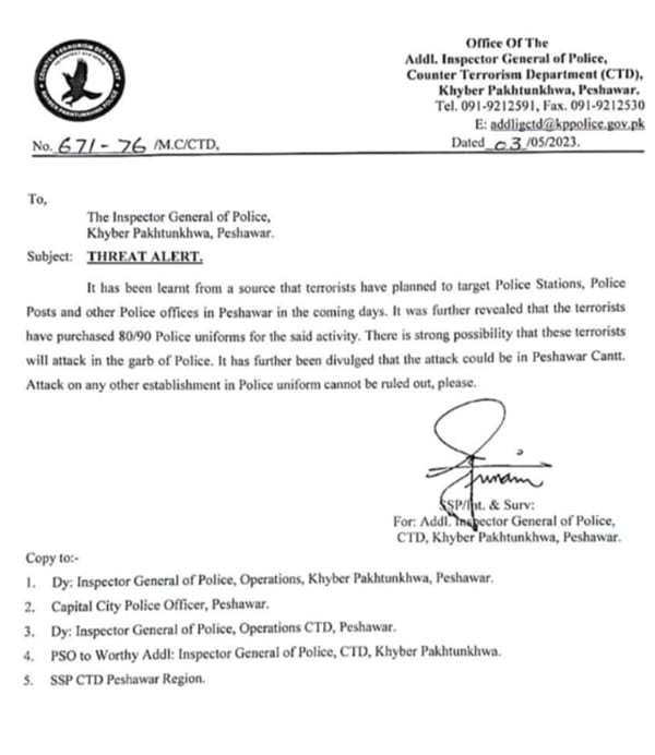 Fear of a major attack by terrorists in police uniforms in Peshawar, Section 144 enforced