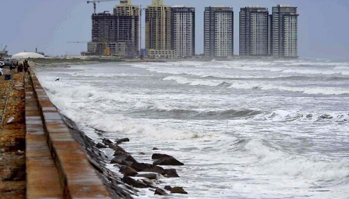 A scene of severe waves due to storm Biparjoy at Seaview beach in Karachi