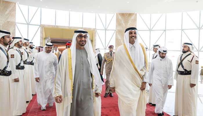 The embassies of Qatar and the United Arab Emirates have resumed operations December 2022: UAE President Sheikh Mohammed bin Zayed Al Nahyan and Qatar Emir Tamim bin Hamad Al Thani