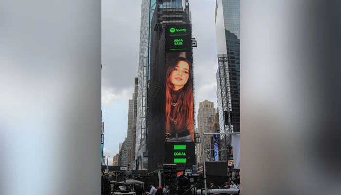 Aima Baig, chosen as Spotify's Ecol Pakistan Ambassador, makes a splash at New York's Times Square Photo: Screen grab