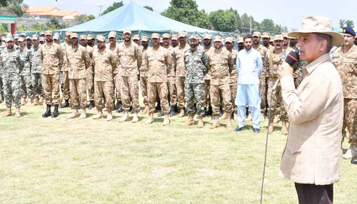 Prime Minister Shehbaz Sharif is addressing the FC jawans in Parachinar on the first day of Eid.