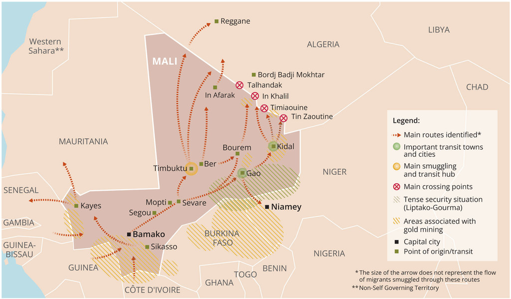 Main migrant smuggling routes in and towards Mali (2020/2021) Main migrant smuggling routes in and towards Mali (2020/2021)