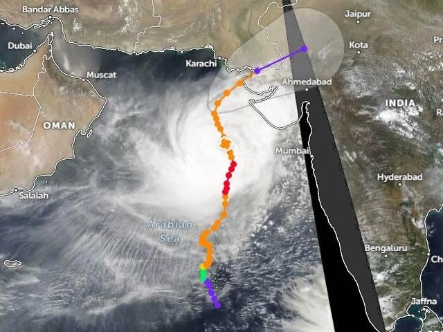 An image of Cyclone Buperjoy taken on Zoom Earth at 2:00 a.m. on June 14, showing its likely path.  Photo: Courtesy of Zoom Earth website 