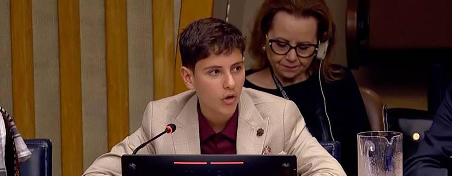 UNRWA Student Parliamentarian Ahmad Abu Daqqa from the Gaza Strip addresses the 2023 UNRWA Pledging Conference.