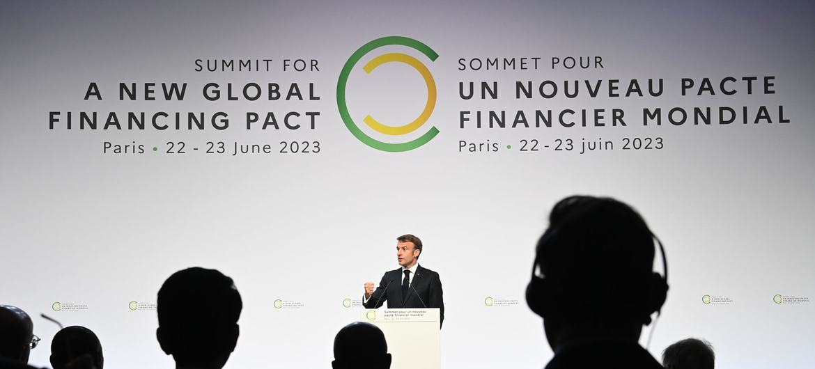 French President Emmanuel Macron addresses the Summit for a New Global Financial Pact in Paris, France. French President Emmanuel Macron addresses the Summit for a New Global Financial Pact in Paris, France.