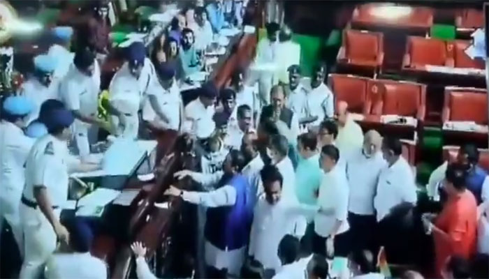 BJP members protesting outside Karnataka Assembly arrested Grab Twitter.